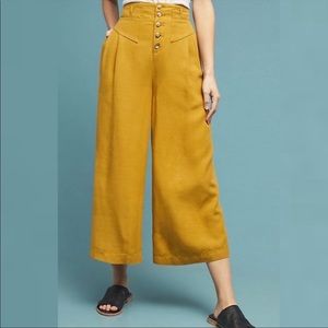 Anthropologie Oceanside Mustard Yellow High Waist Wide Leg Cropped Pants Sz M